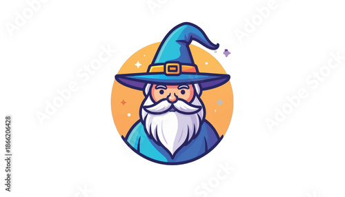 Cartoon Wizard with Pointed Hat and Long White Beard Illustration.