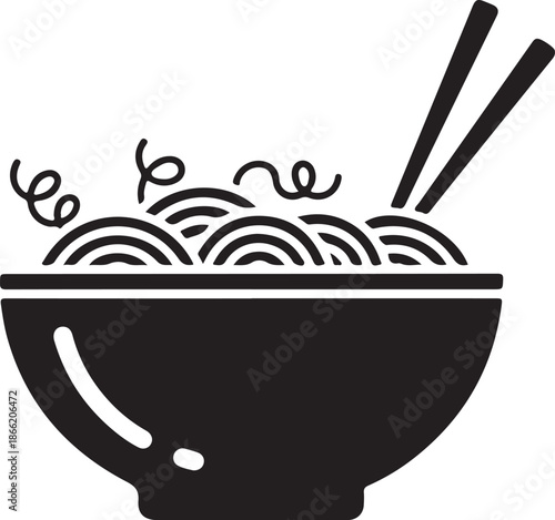 Black bowl of noodles with chopsticks white
