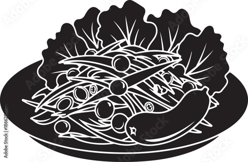 Black and white of fish on a plate with lettuce