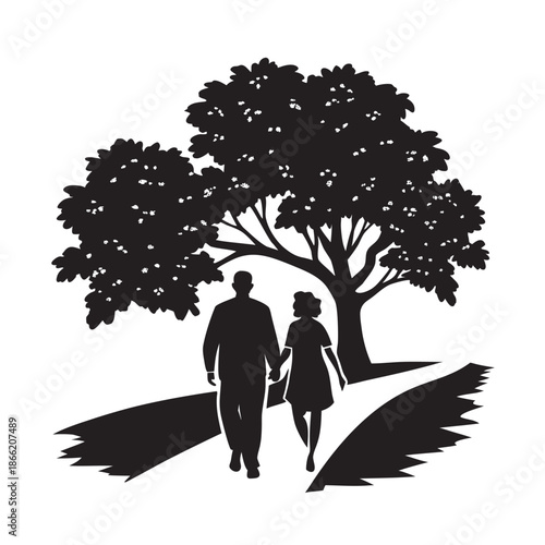 Elderly Couple Walking Oak Tree Path Morning Silhouette