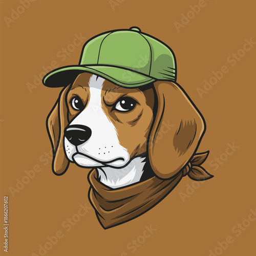 Tough Beagle Dog Mascot Character with Green Baseball Cap and Brown Bandana