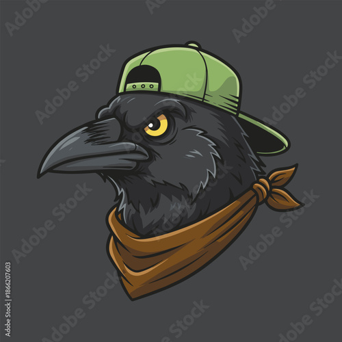 Angry Crow Mascot Character with Green Baseball Cap and Brown Bandana Vector