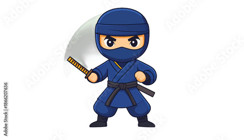 Cartoon Ninja Character with Sword Ready for Action.