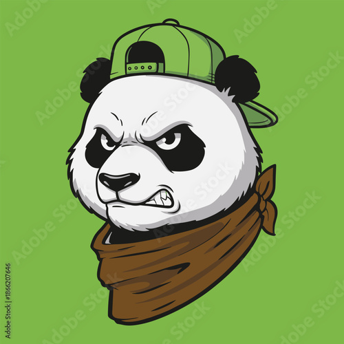 Angry Panda Mascot with Green Baseball Cap and Brown Bandana Vector Illustration