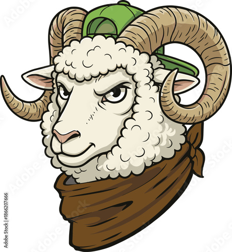 Ram Mascot Character with Curved Horns Wearing Green Baseball Cap and Bandana