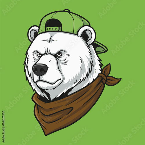 Tough Polar Bear Mascot Illustration with Green Baseball Cap and Brown Bandana