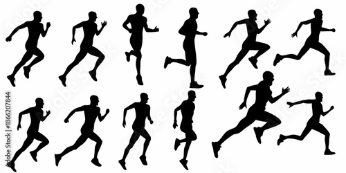 Silhouettes of people in various running poses against a white background