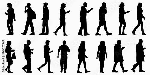 Collection of diverse human silhouettes in various walking and standing poses