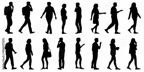 Collection of diverse silhouettes depicting people in various walking poses
