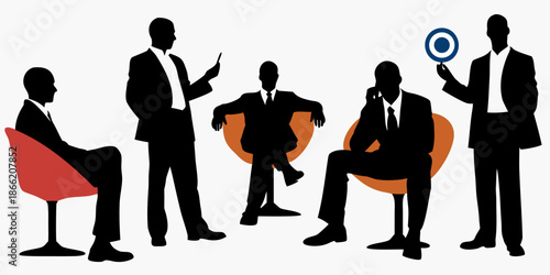 Business silhouettes of people in suits discussing ideas and conducting interviews