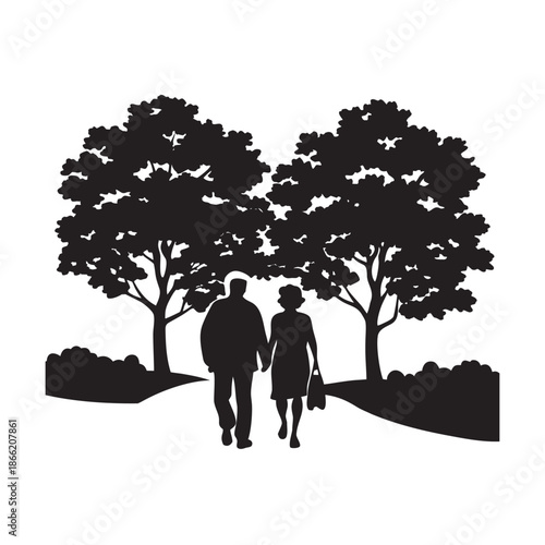 Morning Oak Tree Avenue Walk With Elderly Couple Silhouette