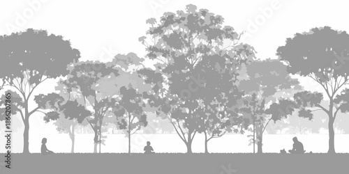 Silhouette of trees and people sitting in a park landscape