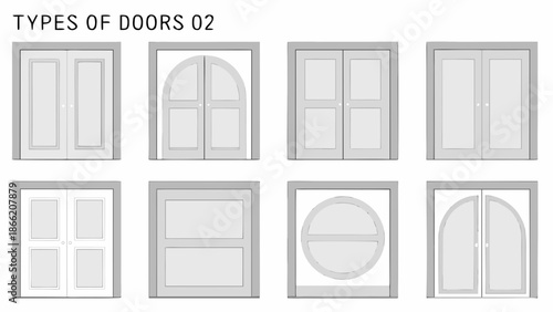 Illustration of various door types and styles in a grid arrangement