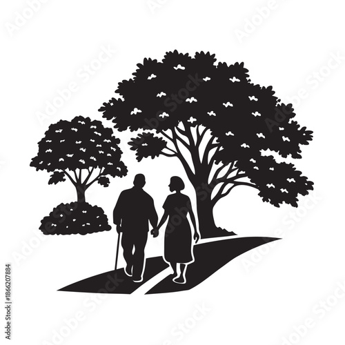 Morning Oak Path Leisure Stroll Elderly Couple Silhouette