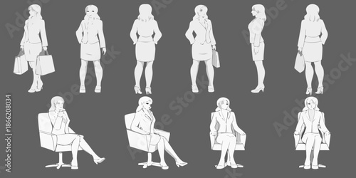 Fashion design sketches of women in business attire and various poses