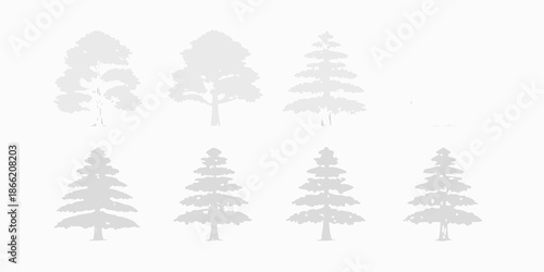 Simple grayscale silhouettes of various coniferous and deciduous trees