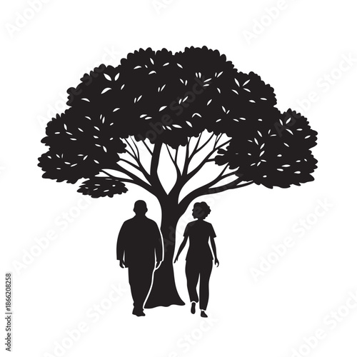 Senior Couple Leisure Walk Under Banyan Tree Silhouette