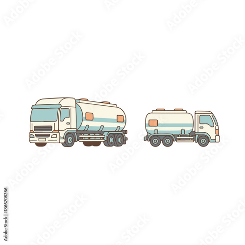 Colorful vector illustration of two tank trucks, a large semi-trailer and a smaller delivery vehicle, ideal for concepts of liquid transport, logistics, and industrial supply