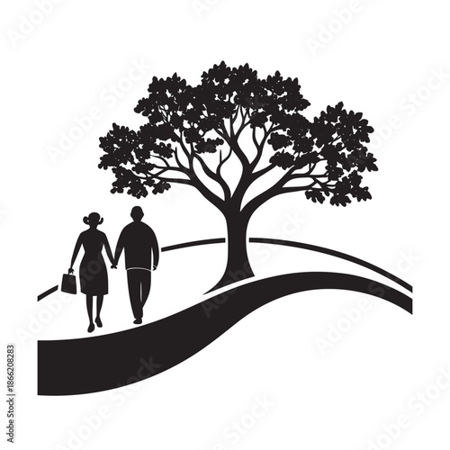 Senior Couple Strolling Along Nature Pathway Silhouette
