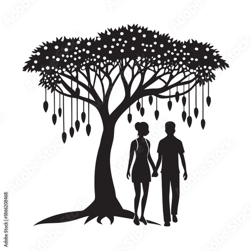 Young Lovers Strolling Along Banyan Path Silhouette