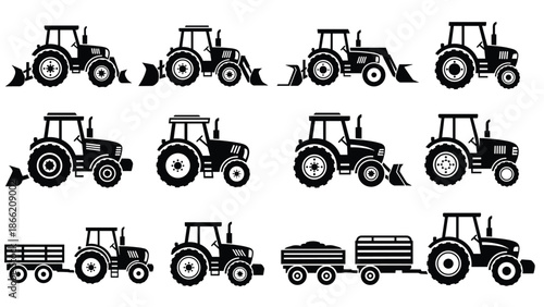 Black tractor silhouettes collection showing farm agricultural machinery isolated on white background vector illustration rural equipment design set icons graphics