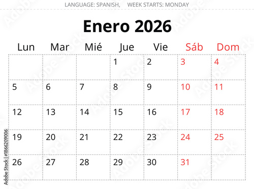 2026 january Spanish calendar. vector illustrations for month Enero in year. Spain
