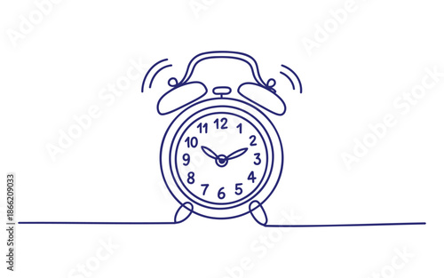 A blue line of an alarm clock with bells ringing and sound waves on a white background line bells