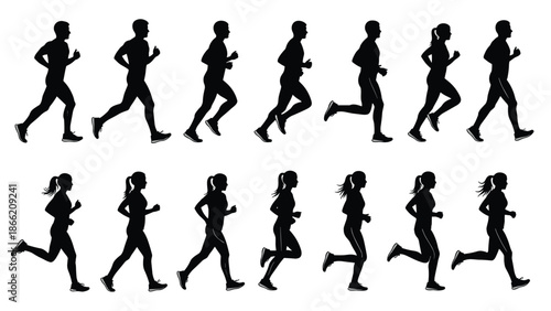 Running people silhouettes collection showing male and female joggers isolated on white background vector illustration fitness sport design elements set