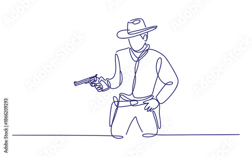 A Line of a Cowboy Holding a Revolver and Standing on a Line revolver boots jeans