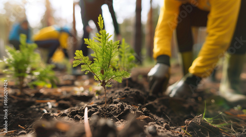 Individuals planting young saplings in a forested area, showcasing teamwork and environmental stewardship. Ideal for reforestation, community volunteer projects and eco-friendly initiatives