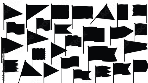 Set of black flag silhouettes vector collection isolated banner pennant shapes symbols minimalist signage design elements illustration
