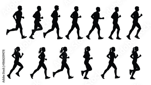 Set of black running people silhouettes vector collection isolated male and female jogger poses fitness sports design elements