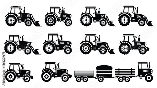 Set of black tractor silhouettes vector collection isolated farm agriculture machinery vehicles icons minimalist rural design elements illustration bundle pack