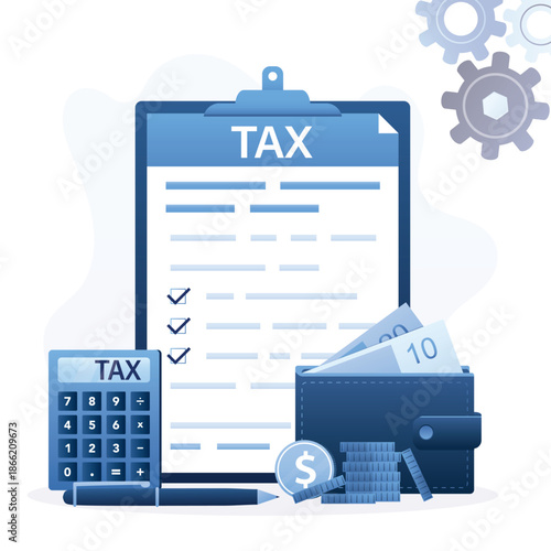 Tax time, concept background. Wallet with money, calculator, pen and paper document. Money management, need to pay taxes, warning or motivation banner.