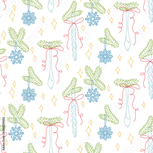 Seamless pattern with flat outline Christmas decorations of icicles and snowflakes on fir branches with sequined thread bows. Holiday background for winter wrapping paper, seasonal textile prints