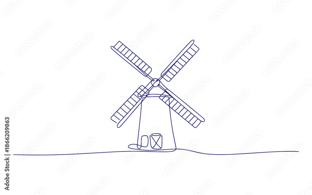 Obraz premium A simple line of a traditional windmill with four blades and a cylindrical base on a flat surface line simple