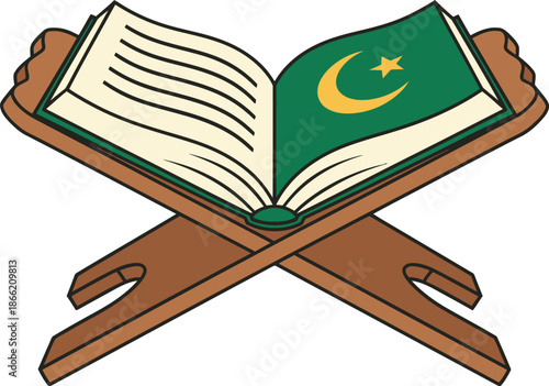 An open holy book, likely the Quran, resting on a traditional wooden book stand, with one page featuring a green flag design with a crescent moon and star.