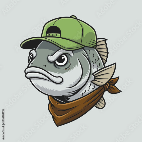 Grumpy Fish Wearing a Green Cap and Bandana