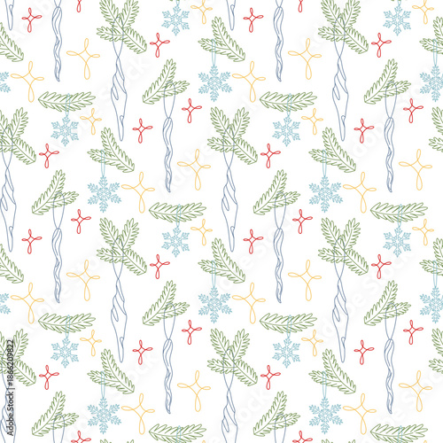 Seamless pattern with flat outline Christmas decorations of icicles and snowflakes on fir tree branches with a glow. Holiday background for winter wrapping paper, seasonal textile prints, wallpaper