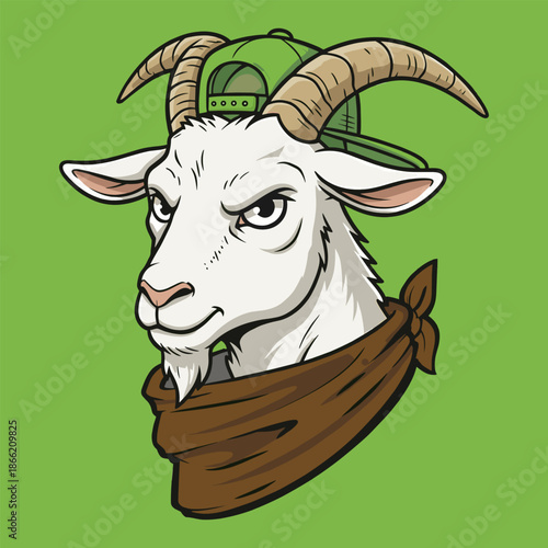 Confident Goat in a Green Cap and Bandana