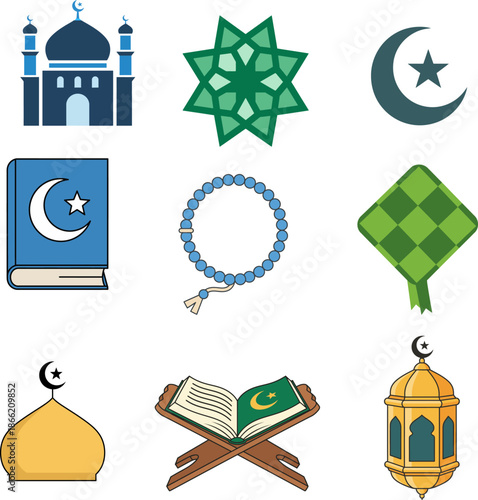 Collection of Islamic symbols and items including mosques, Quran, prayer beads, crescent moon and star, and lanterns.