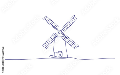 A simple line of a traditional windmill with four blades and a cylindrical base on a flat surface line simple