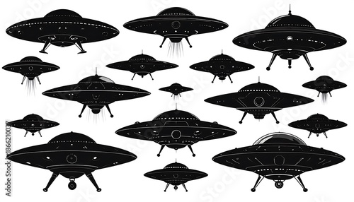 Collection of Silhouetted Flying Saucers and UFOs in Various Sizes.