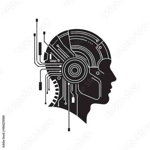Futuristic cyborg head logo vector illustration with circuit lines, mechanical gears, and artificial intelligence brain profile design
