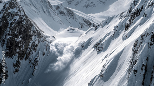 Dramatic alpine snow-capped mountain cliff with flowing powder snow, dynamic winter landscape.