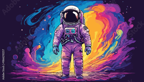 Astronaut in vibrant space suit standing against colorful cosmic background.