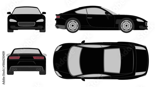 Four Different Views of a Black Car with Silver Accents and Wheels front view