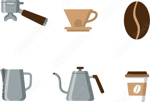 Professional artisan coffee icons. Flat vector set featuring espresso portafilters, pour-over drippers, and coffee beans. High-quality brown and steel graphics isolated on white.