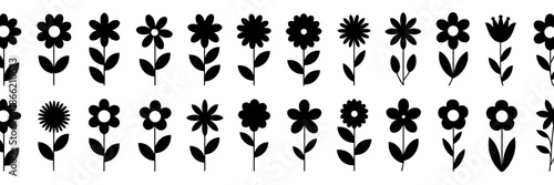 Collection of black silhouette flowers with different petal shapes and leaf patterns