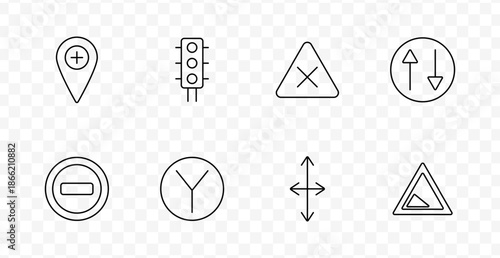 Traffic control set icon. Icons show location, signal light, restriction, direction, arrows, and triangular shapes for driving regulation, indication, and navigation symbols